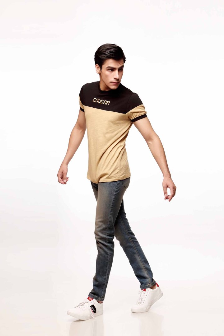 Round Neck Tee With Contrast Color Body & Shoulder Patch